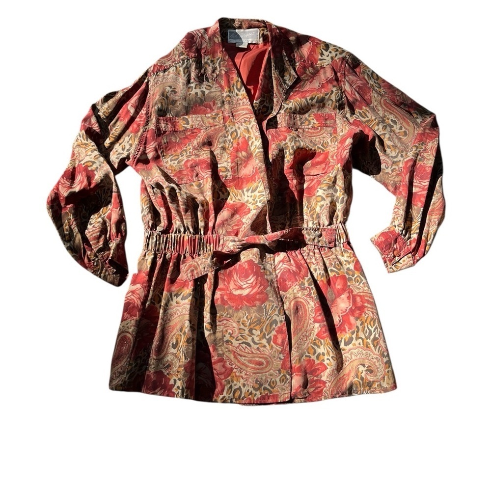 VINTAGE Pat Argenti Silk Jacket Red Floral Paisley Leopard Print Collared Womens